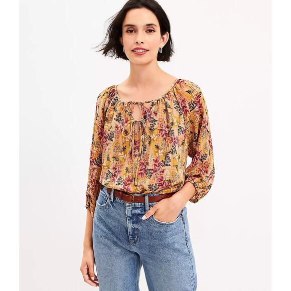 Loft Womens Floral Tie Neck Blouse in Amber Sz M Office Boho Casual Peasant Fall - Picture 1 of 16